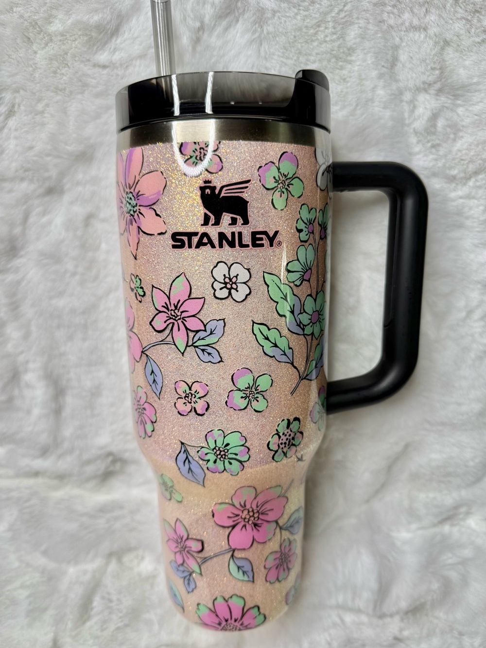 Custom champagne glitter floral Stanley 40 oz